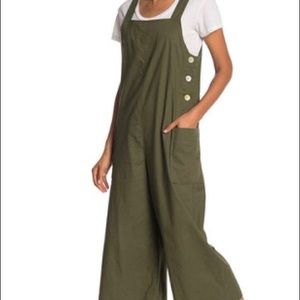 Max Studio Square Neck Linen Blend Capri Overalls